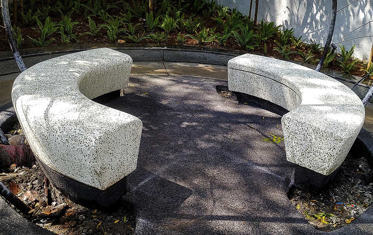 freeform terrazzo benches casted on site at Lodha Suparmas